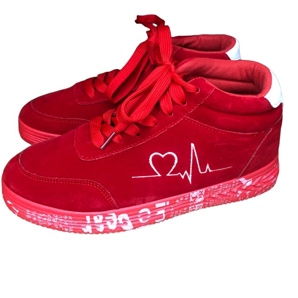 Omega Walk Nursing Love Sports Love Print Red Velour Mid Top Lace Up Shoes